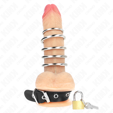 Anello pene in pelle con cinghia di blocco 21 x2 cm e 5 anelli metallici 3-4 cm